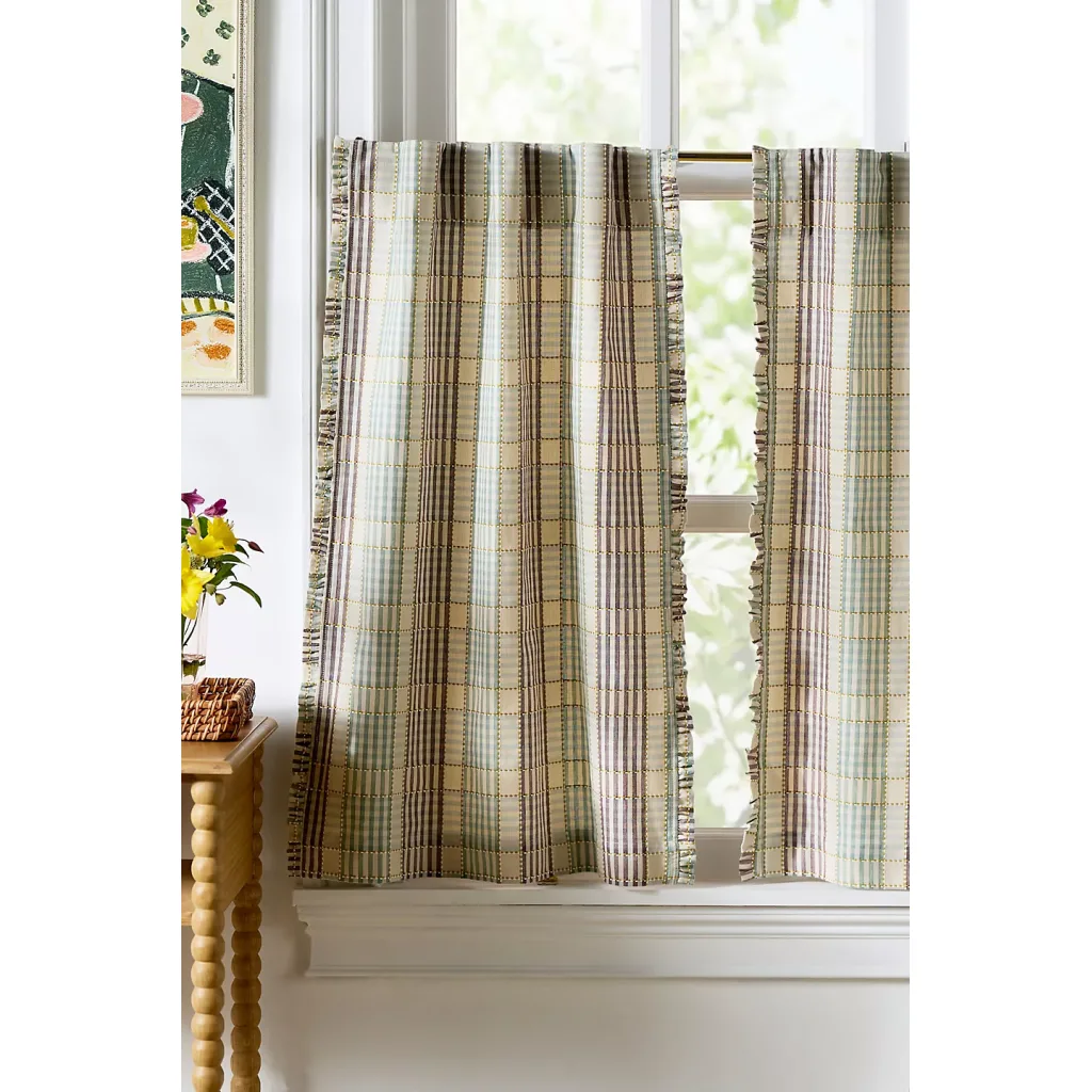 Tucker Plaid Ruffle Edge Cotton Cafe Curtains, 4 Panels