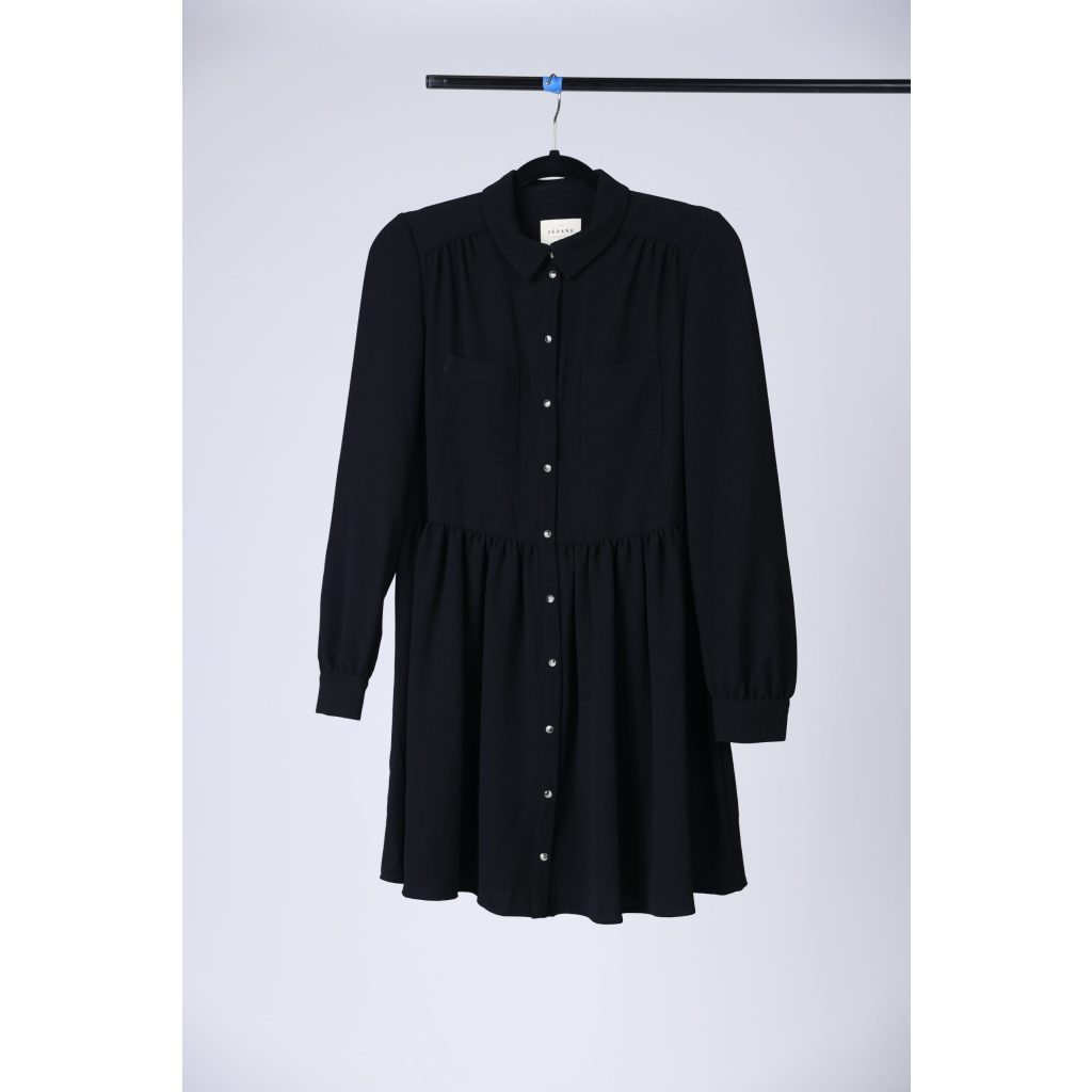 Sezane Black Women’s Button Up Collared Long Sleeve Mini Dress