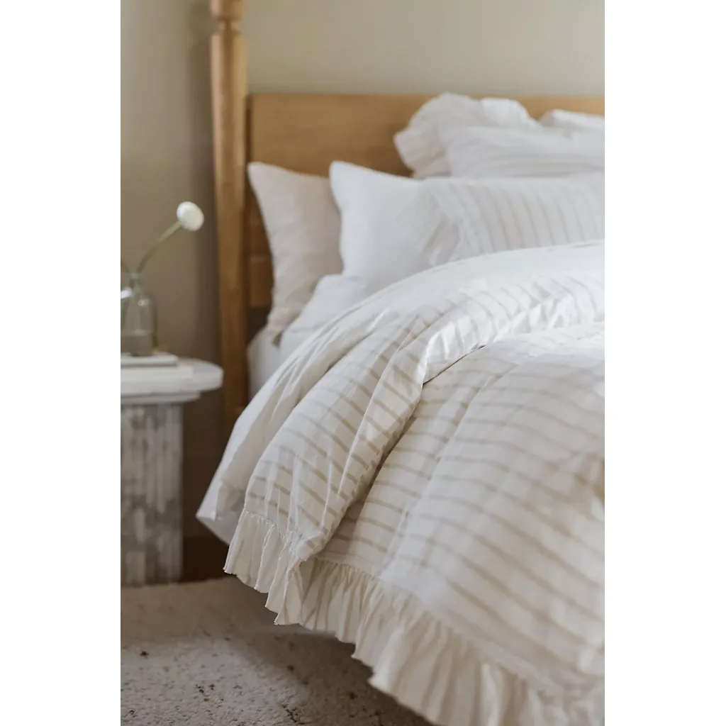 Organic Cotton Spa Sateen Ruffled Duvet Cover Neutral Stripe