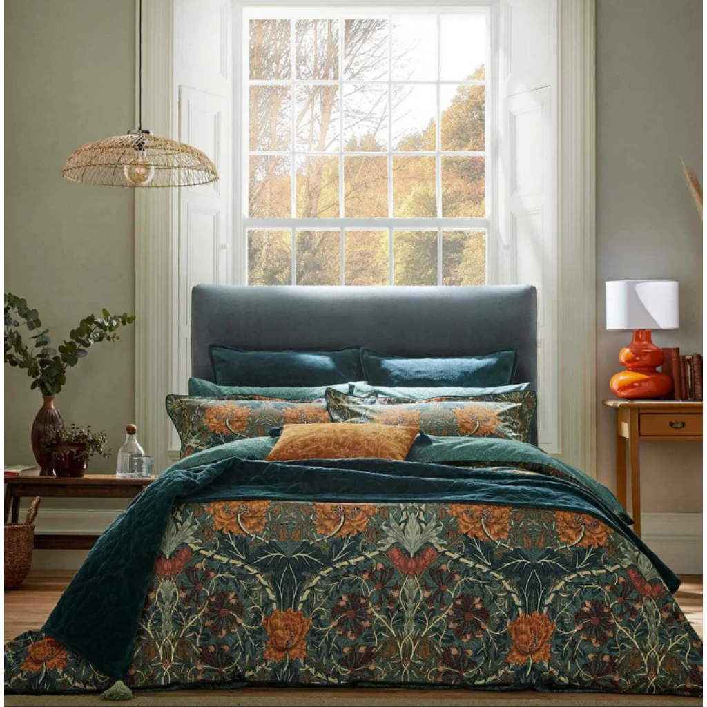 Morris & Co Honeysuckle and Tulip King Duvet Cover Set w/ Oxford Pillowcase Pair