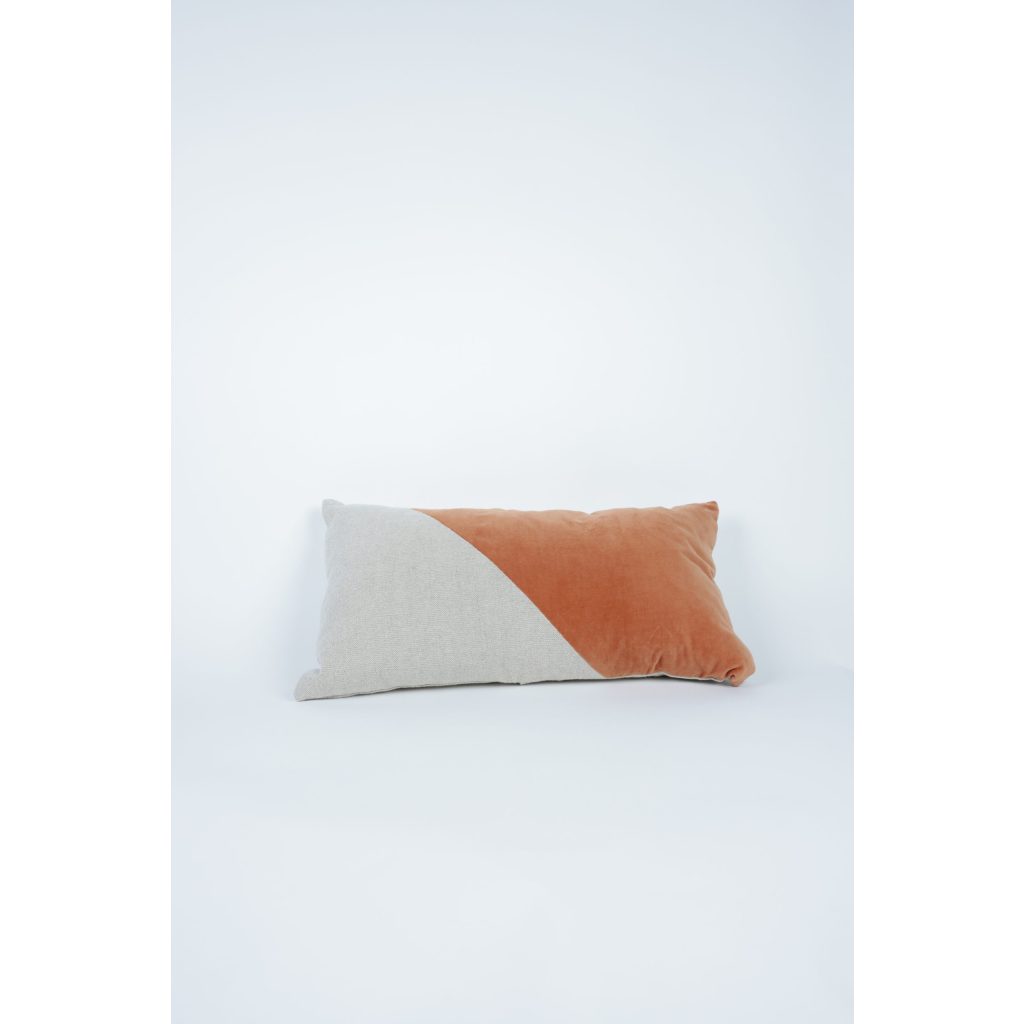 Beige Linen and Orange Velvet Lumbar Pillow